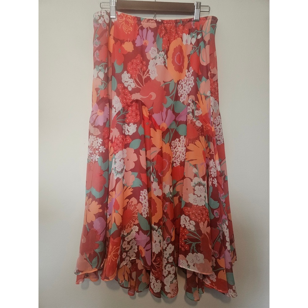 Boho Bob Mackie Floral Handkerchief Hem Skirt Womens L Red Orange Wearable Art